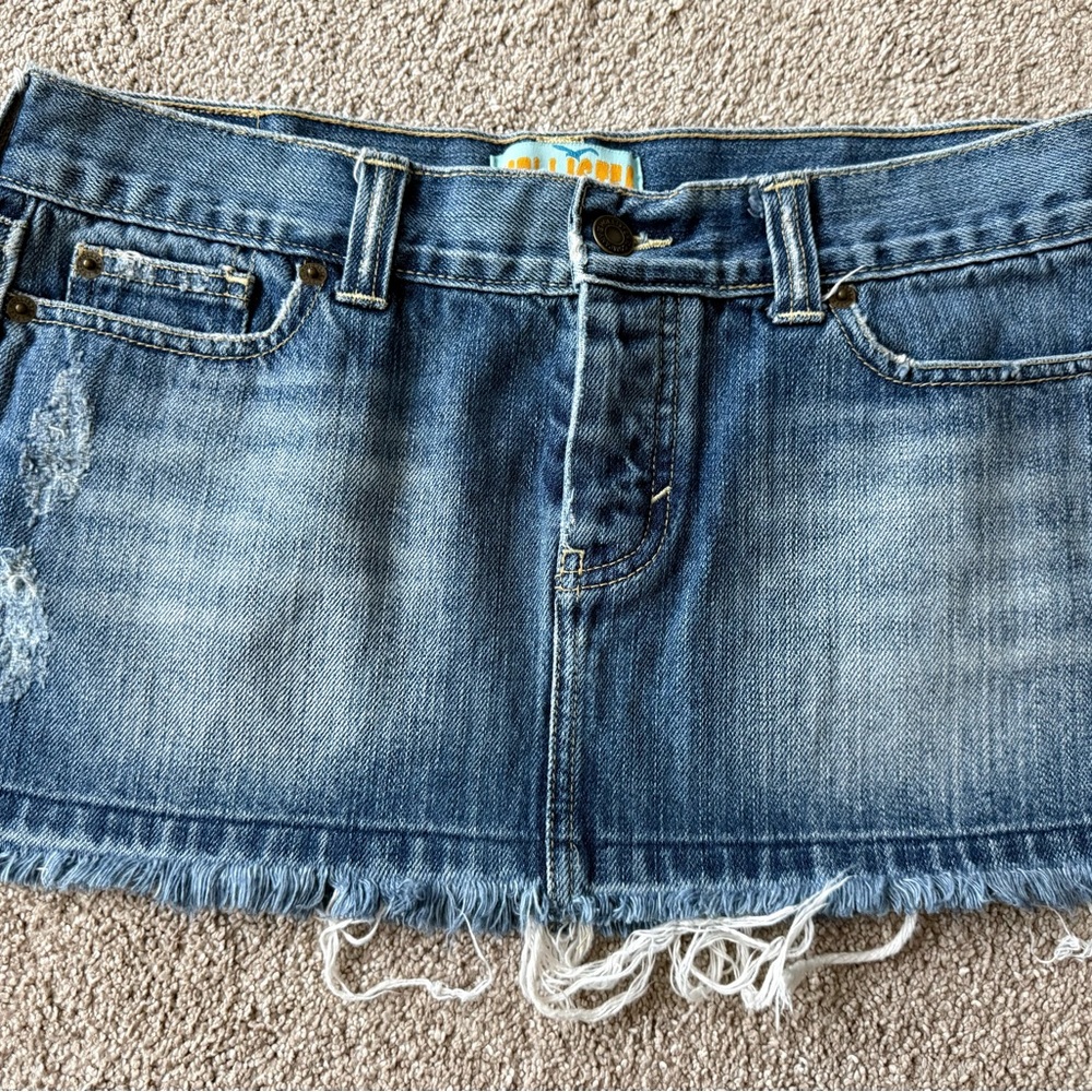 Hollister Blue Denim Mini Skirt with Frayed Hem size 5 button-fly